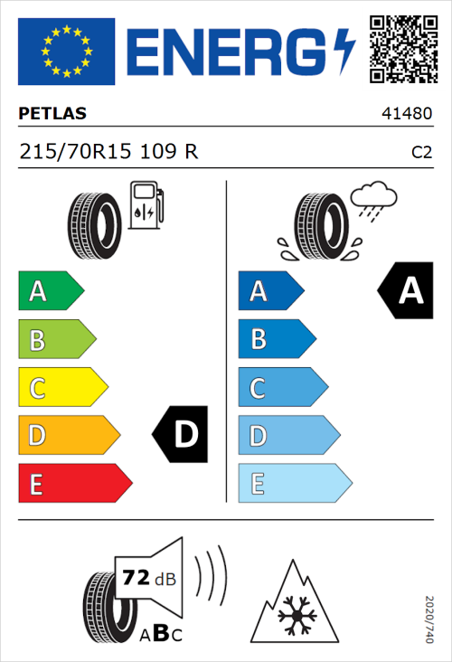 Tyre Label for Petlas Full Grip PT925 215/70R15 109R