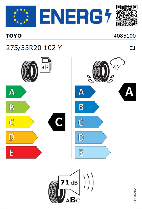 Tyre Label for Toyo Proxes Sport 2 275/35R20 102Y