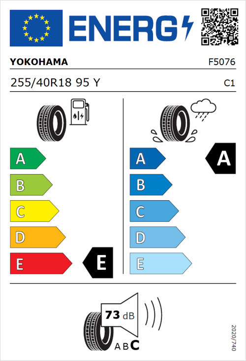 Tyre Label for Yokohama V105 255/40R18 95Y